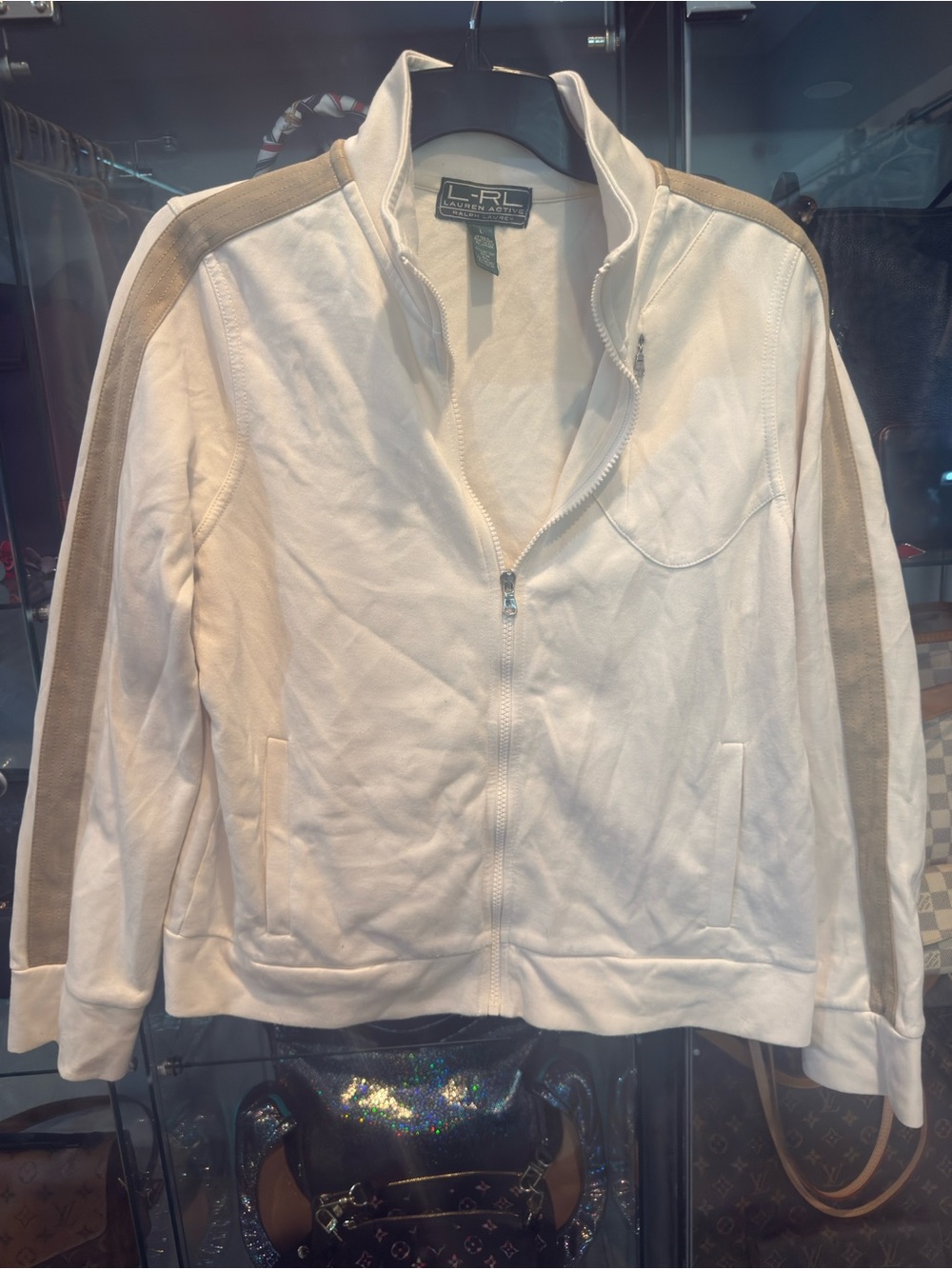 Ralph Lauren Vintage Cream Track Jacket with Beige Shoulder Stripes